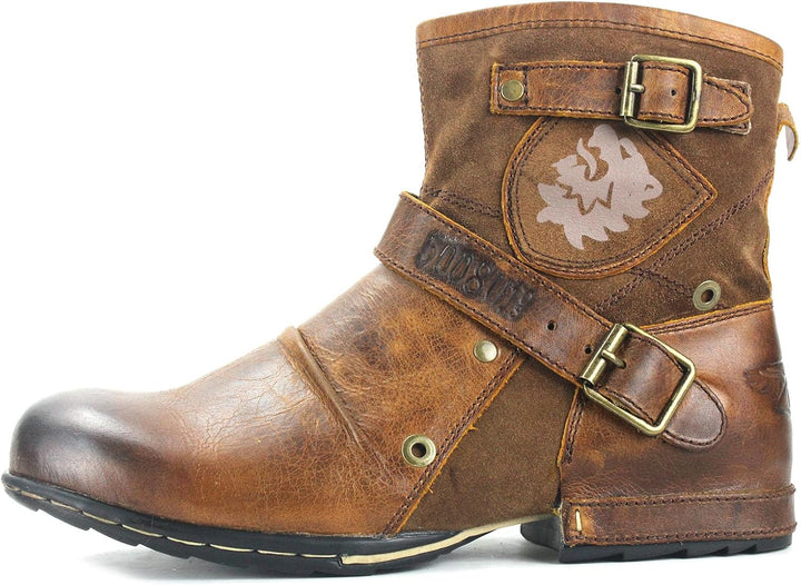 COWSDELLA Herren Stiefel aus Leder Rindsleder mit Gummisohle Biker Motorrad Boots mit Reissverschlus