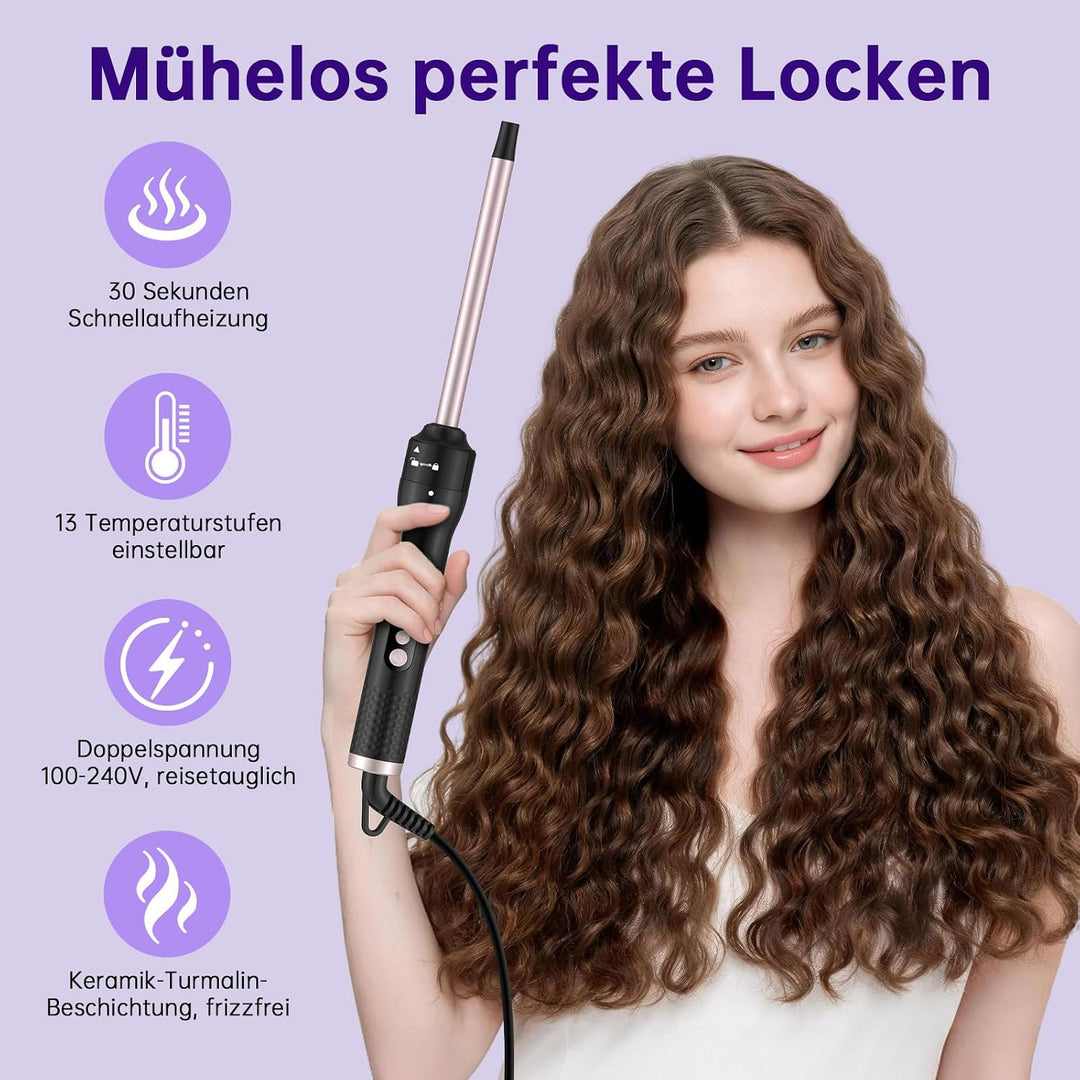 Lockenstab Set, 30s Schnellaufheizung, 13 Temperaturstufen 100-230°C (9 mm) | 360° drehbares Anti-Ta