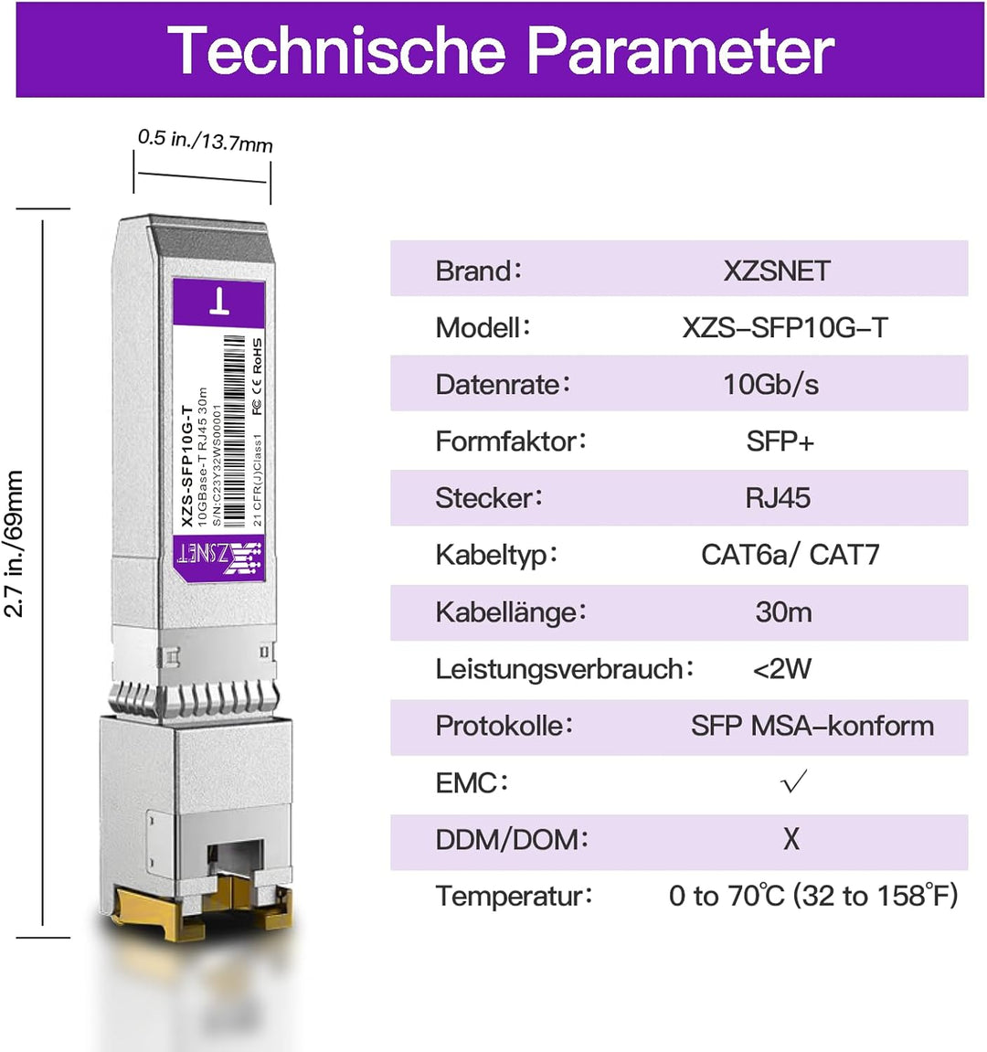 1,25/2,5/5/10GBASE-T SFP+ auf RJ45 Transceiver, 10Gb Kupfer SFP+ Mini GBIC Modul für Cisco SFP-10G-T