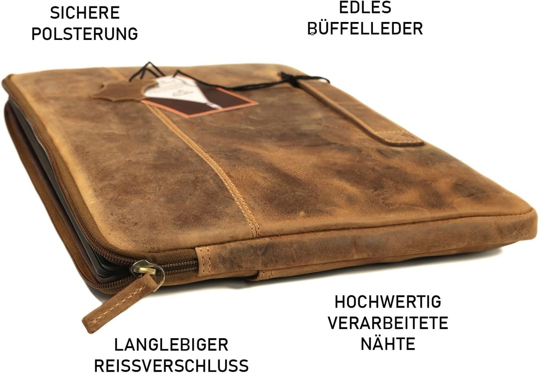Fa.Volmer ® 15,6 Zoll Laptop Hülle aus edlem Büffelleder - braun - mit Metall-Reissverschluss - gepo