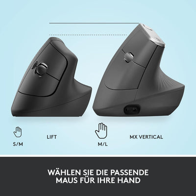 Logitech Lift Vertikale Ergonomische Maus, Kabellos, Bluetooth oder Logi Bolt USB-Empfänger, Leise K