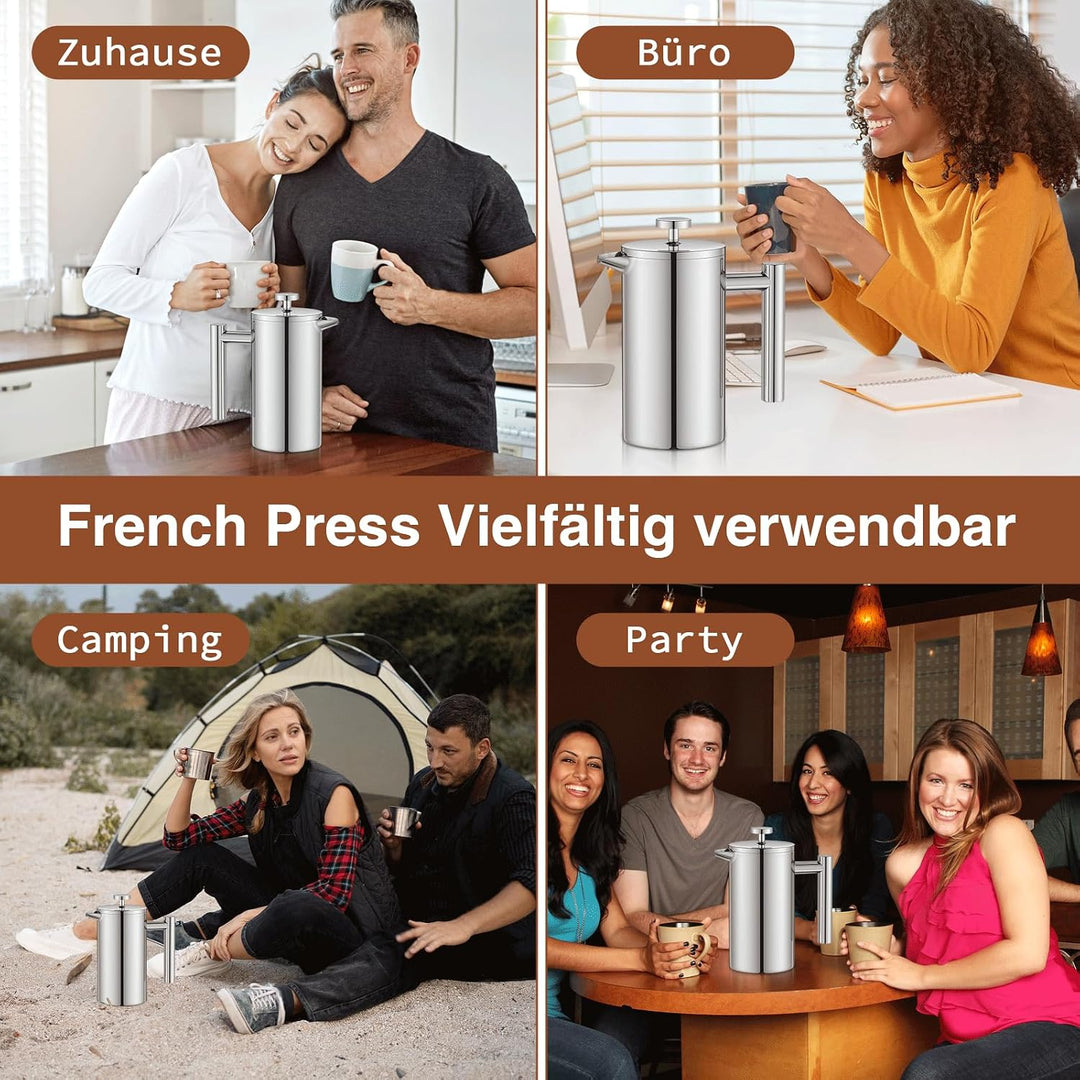 Kaffeebereiter 1000ml, French Press Edelstahl, Kaffeepresse 8 Tassen mit 3 Edelstahlfilter System, D