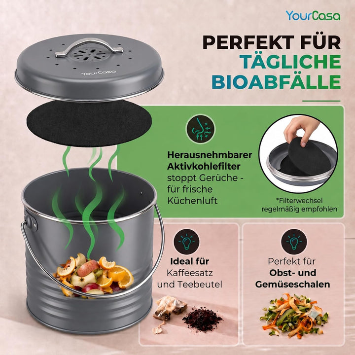 YourCasa Biomülleimer Küche Kora 4L Metall mit Aktivkohlefilter | Komposteimer Küche mit herausnehmb