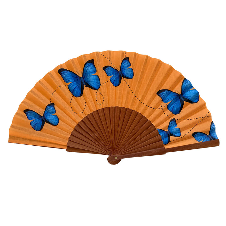 Handfächer Blauer Schmetterling - Aus Holz und Baumwolle - 100 % spanisches Handwerk - Inklusive nat