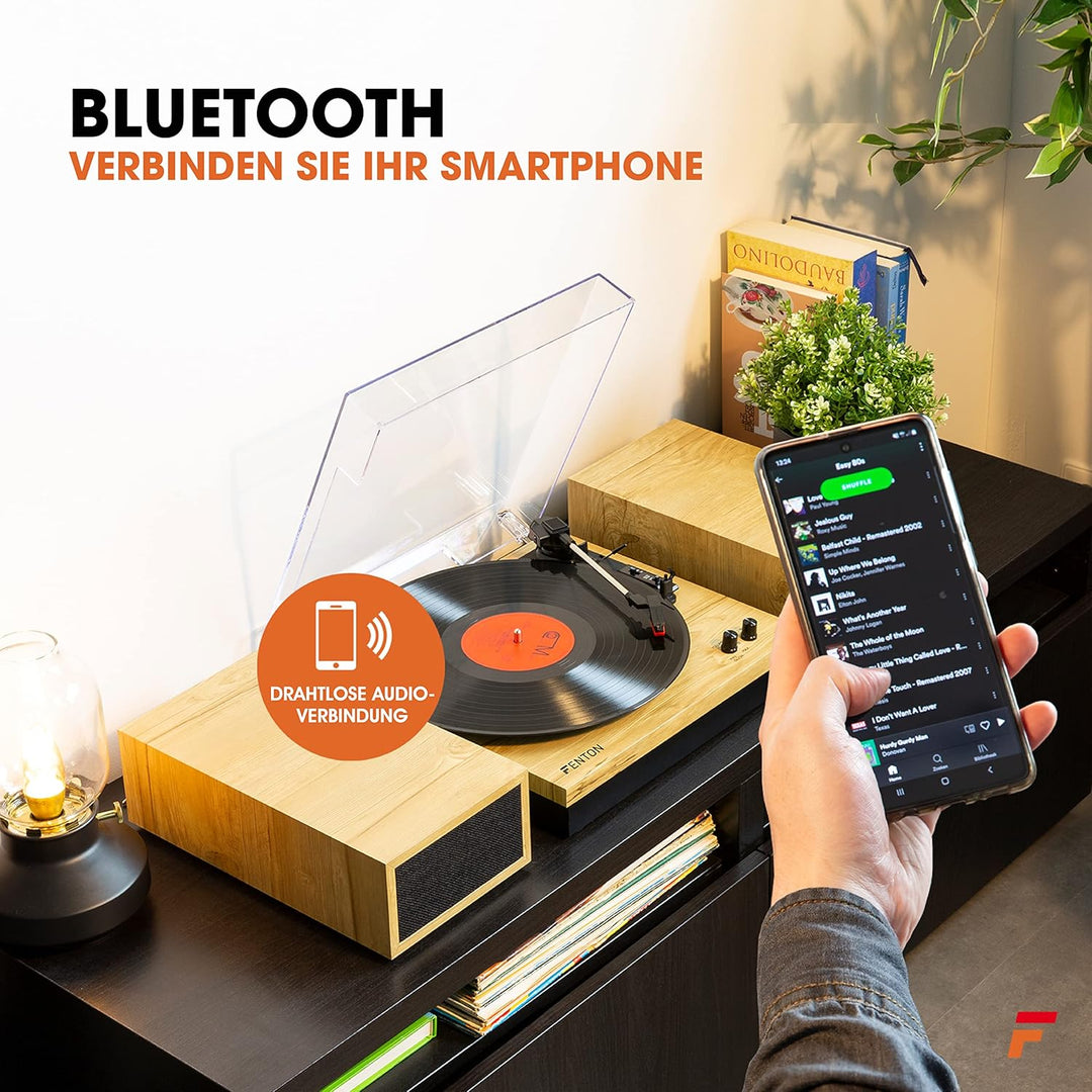 Fenton RP165L Bluetooth Plattenspieler mit Lautsprecher, Schallplattenspieler, Abdeckhaube, Auto Sto