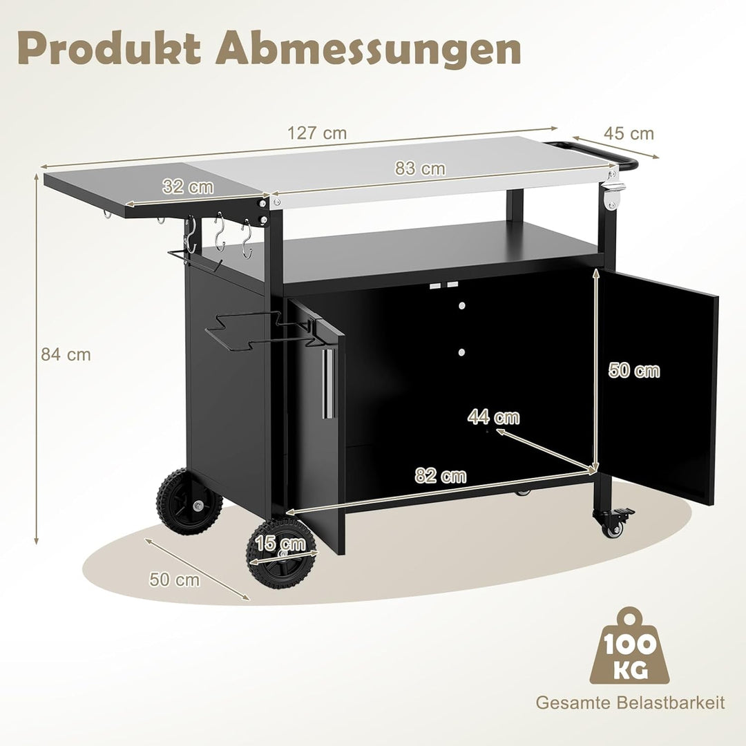 COSTWAY Grillwagen Outdoor, Grilltisch mit Edelstahlplatte, klappbarem Seitentisch, Schrank, 6 Haken