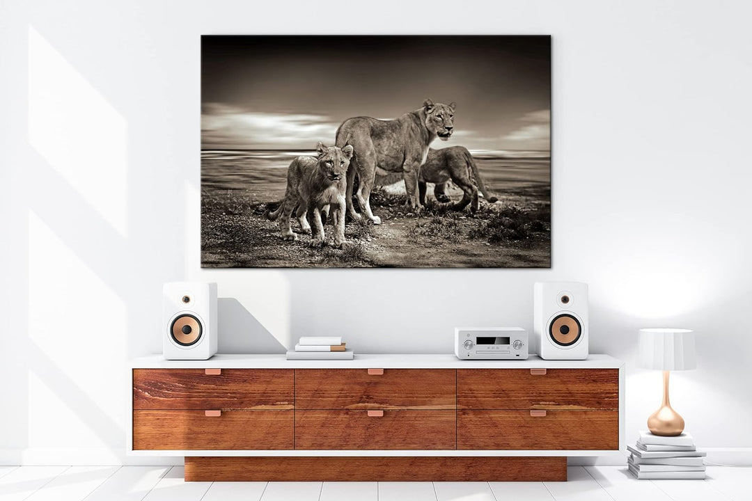 deyoli zauberhafte Löwenfamilie Format: 80x60 als Leinwandbild, Motiv fertig gerahmt auf Echtholzrah