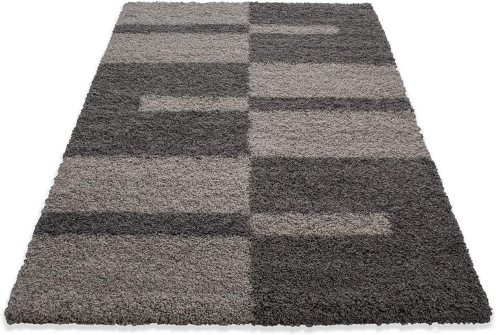 Carpetsale24 Hochflor Teppich Läufer 80x250 cm Taupe-Beige – Weiche Shaggy Flokati Matte im Karierte