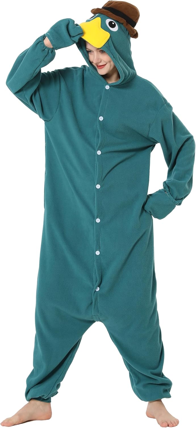 RANSUU Schnabeltier Kostüm Onesie Tier Jumpsuit Relaxo Kostuem Damen Herren Pyjama Halloween Schlafa