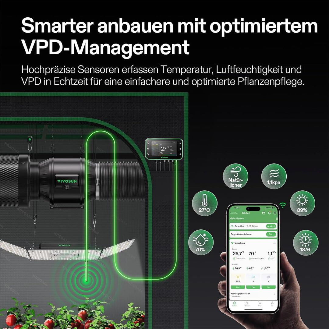 VIVOSUN Smart Rohrventilator 150mm AeroZesh T6 PRO Abluftventilator 693m³/h mit GrowHub E42A+, VPD-R