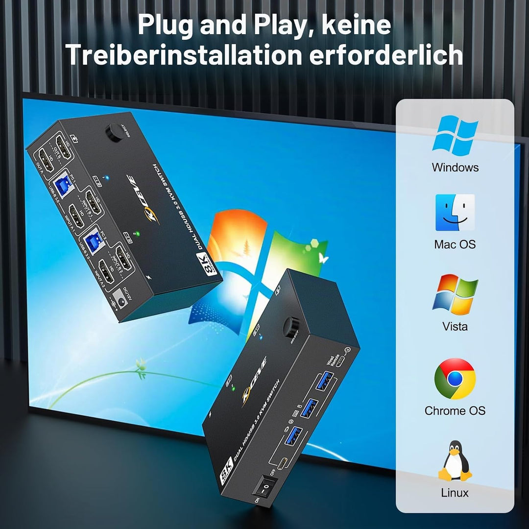 8K HDMI KVM Switch 2 PC 2 Monitore 8K@60Hz 4K@144Hz, MLEEDA USB 3.0 Dual Monitor KVM Switch mit 4 US