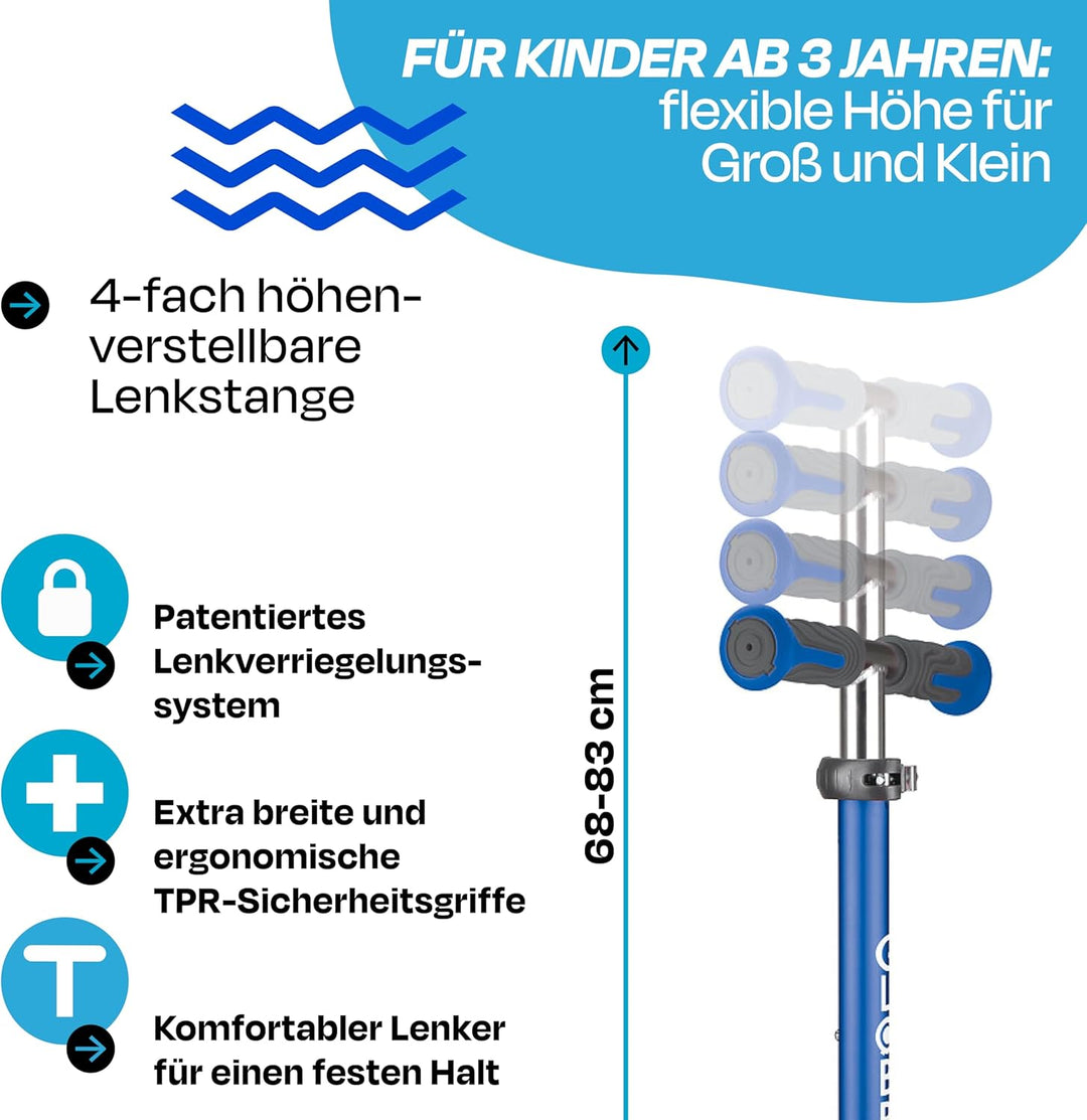 GLOBBER Elite Roller – Tretroller Kinder ab 3 Jahre - Scooter 120/80 mm - ABEC 5, 3-rädrig – höhenve