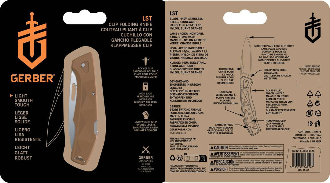 Gerber Taschenmesser mit Gürtelclip, LST, 440A Clip Poin-Edelstahlklinge, Griffschalen aus glasfaser