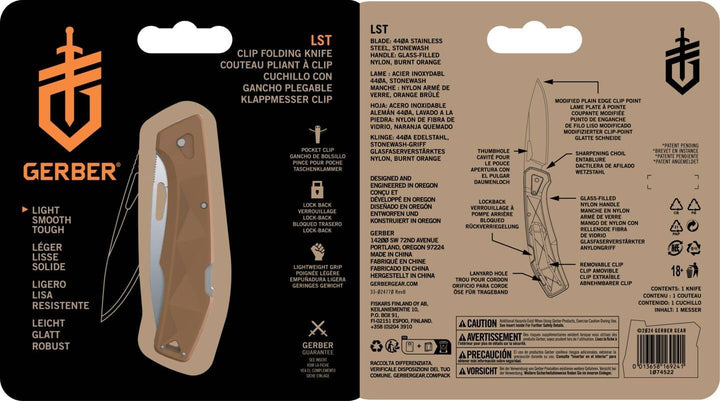 Gerber Taschenmesser mit Gürtelclip, LST, 440A Clip Poin-Edelstahlklinge, Griffschalen aus glasfaser