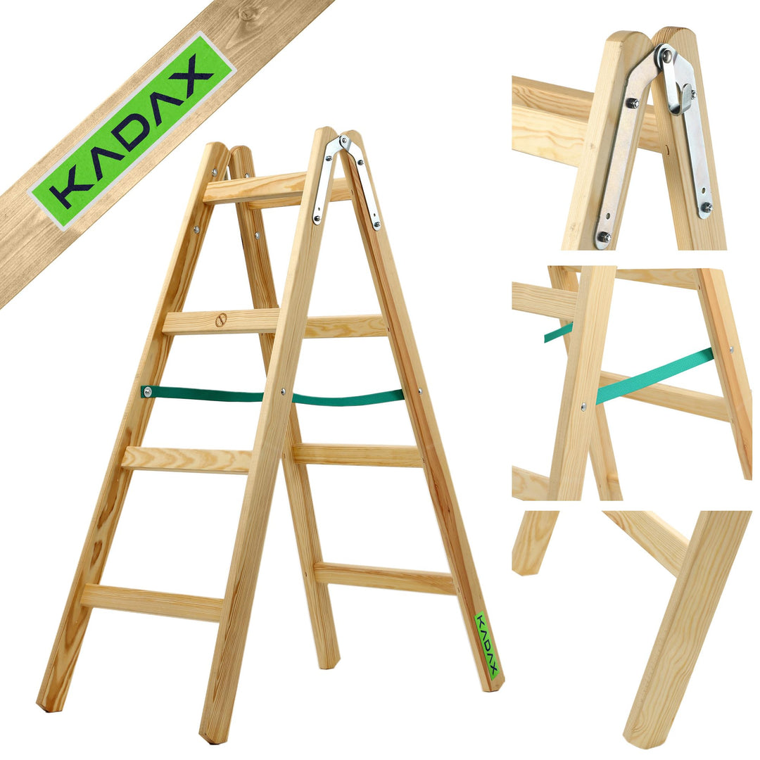 KADAX Holzleiter, Bockleiter bis 150 kg, klappbare Malerleiter, Doppelstufenleiter mit Stahlhaken, E