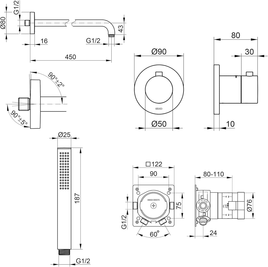 KEUCO IXMO Duschsystem 2 Verbraucher, Komplett-Set mit IXMO Thermostat, Kopf- und Handbrause, Brause