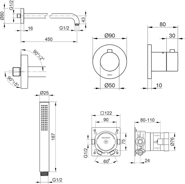 KEUCO IXMO Duschsystem 2 Verbraucher, Komplett-Set mit IXMO Thermostat, Kopf- und Handbrause, Brause