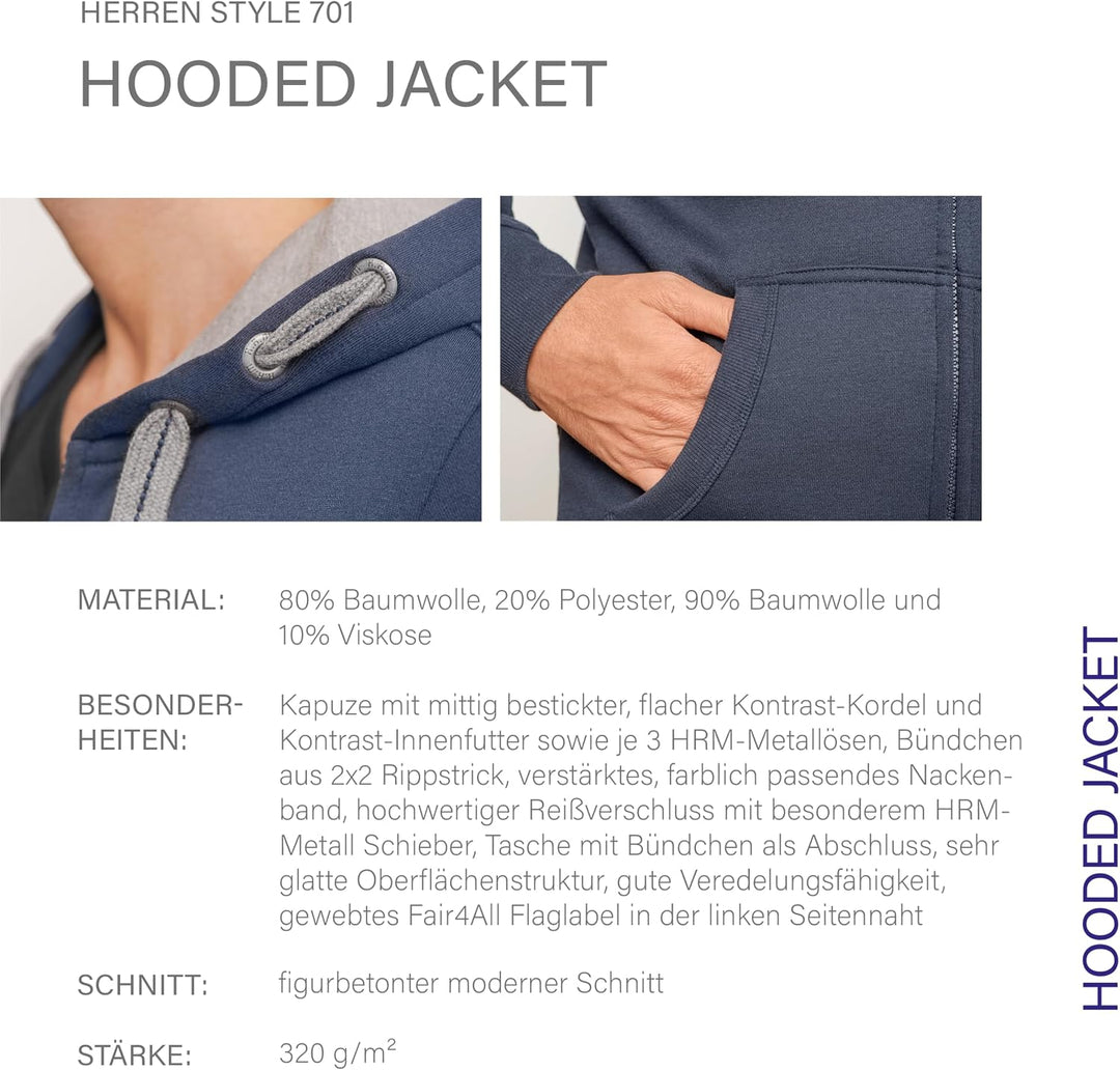 HRM Herren Hooded Jacket I Premium Kapuzenpullover Herren mit Kontrast-Innenfutter I Basic Hoodie mi