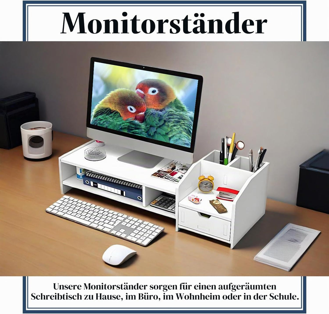 Monitorständer mit Schublade, 63 x 23 x 18 cm, Weiss, Büro PVC+Wood Plastic Board, PVC+Wood Plastic