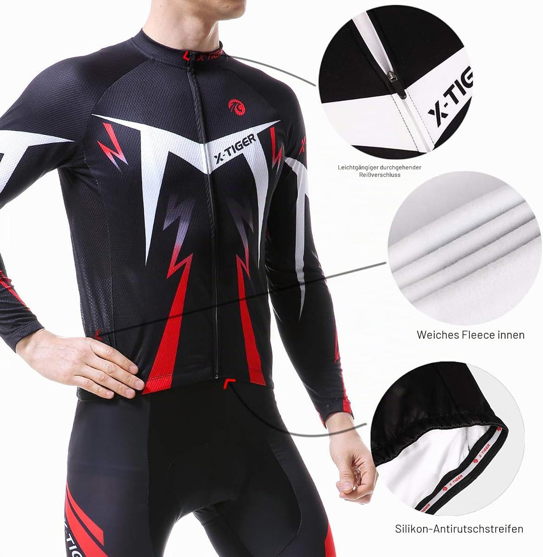 X-TIGER Herren Langarm Radtrikot Set Herbst und Winter Radsportanzüge | 5D Gel Gepolsterten Oberteil
