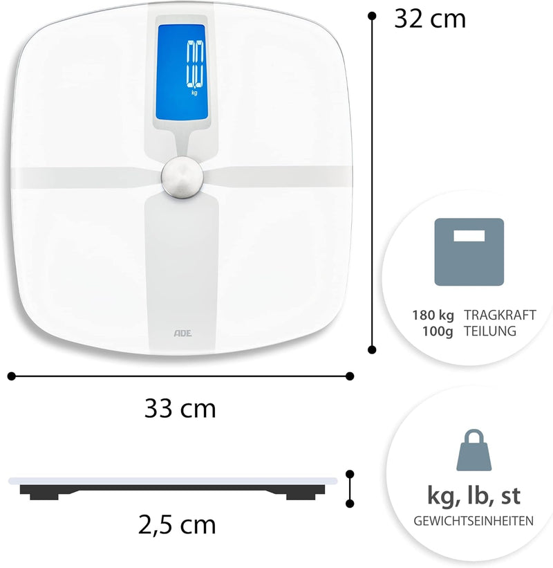 ADE Körperfettwaage BA1800 digitale Personenwaage mit Körperfettanalyse, Körperanalysewaage mit Körp