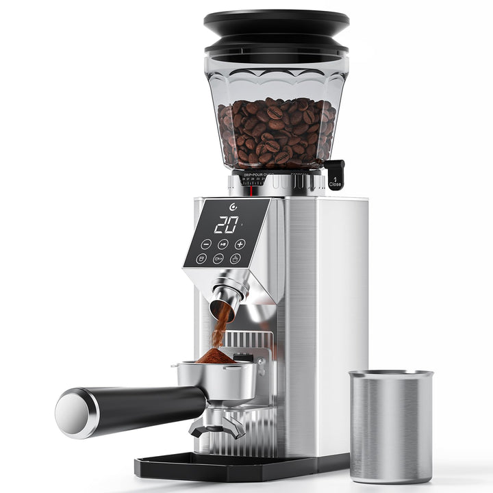 AMZCHEF Elektrische Kaffeemühle mit 45 Mahlgraden, Espresso-Mühle mit höhenverstellbarem Siebträgers