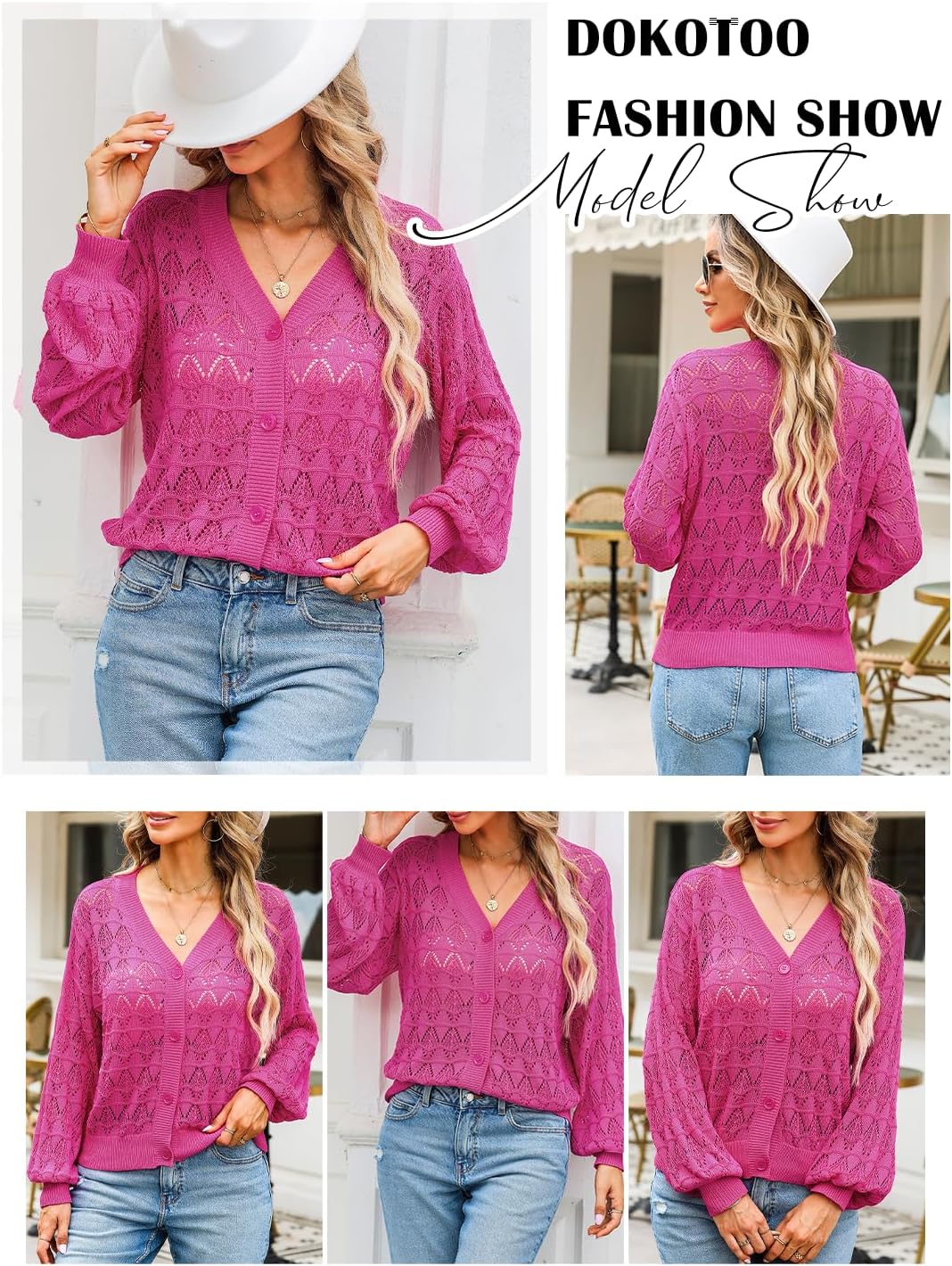 Dokotoo Damen Strickjacke V-Ausschnitt Kurzer Cardigan Elegant Langarm Leichter Strickpullover mit K