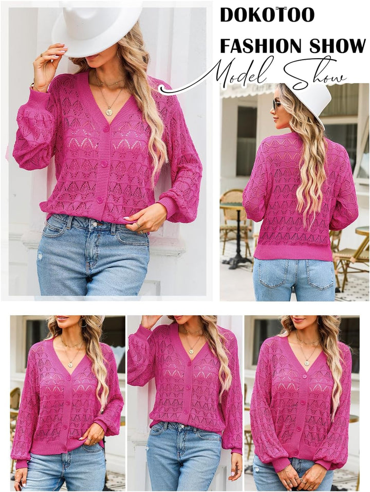 Dokotoo Damen Strickjacke V-Ausschnitt Kurzer Cardigan Elegant Langarm Leichter Strickpullover mit K