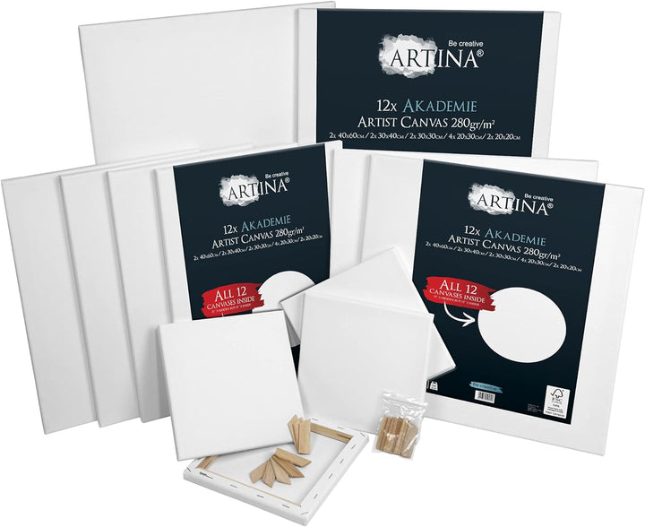 Artina FSC® Keilrahmen 12er Set Akademie 30x40, 20x20, 20x30, 30x30 & 40x60 cm – Leinwand Set Maltuc