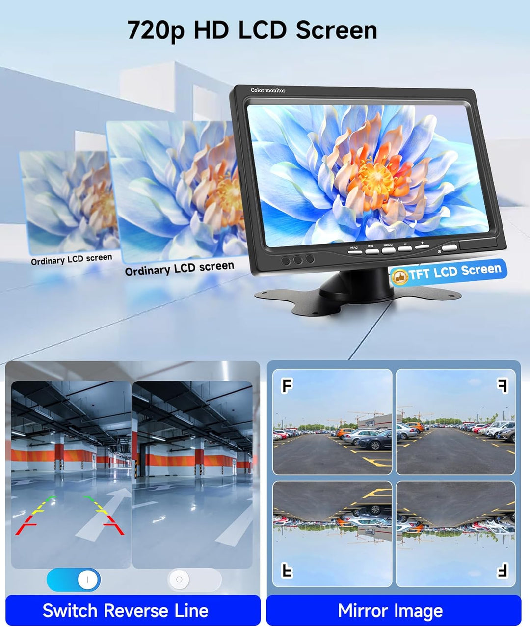 Podofo Rückfahrkamera Set Kabel 10M mit 7 Zoll TFT LCD Monitor Kit Einparkhilfe Wasserdicht IP69 Rüc