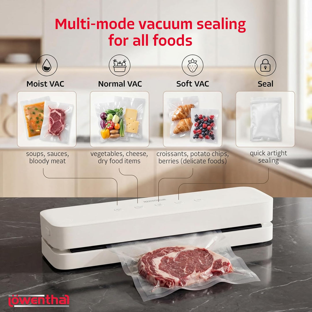 Löwenthal® Vakuumiergerät | Mit 5 Vakuumbeuteln | Eingebautes Messer | Exklusive Funktion | Breite S