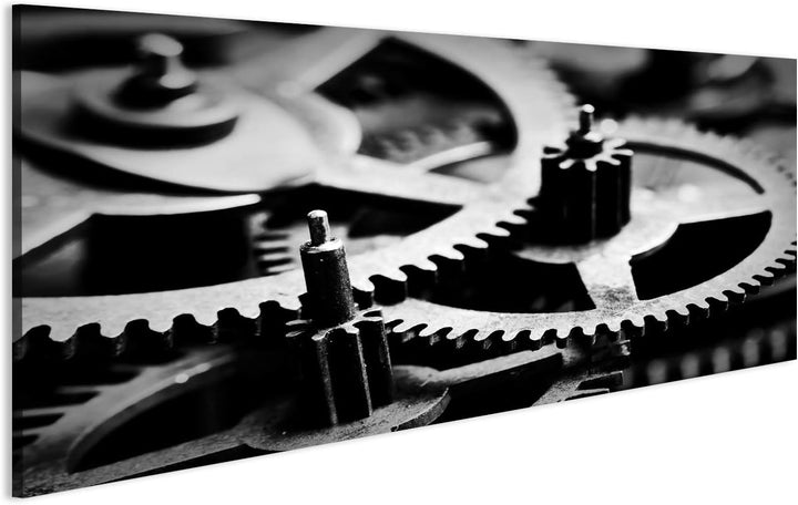 islandburner, Bild auf Leinwand Grunge-Getriebe, Zahnräder schwarz-weisser Hintergrund. Konzept von