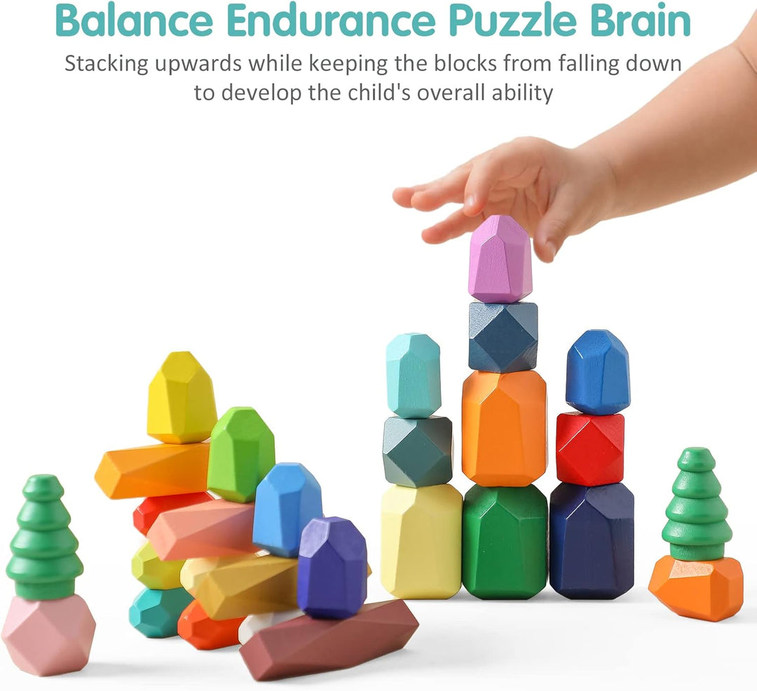 Montessori Holzspielzeug 28 PC Balanciersteine für Kinder,Stapelsteine Bausteine Balance Steine, Hol