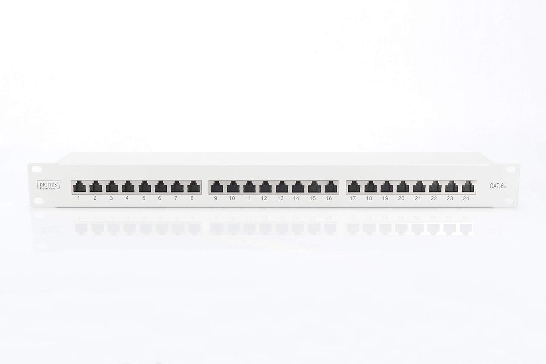 DIGITUS Patchpanel - 19-Zoll - Cat-6A - 24-Port RJ45 - Geschirmt - LSA Patch-Feld - Rack-Montage 1HE