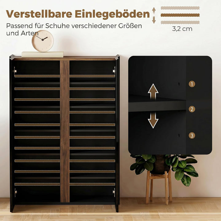 HOMCOM Schuhschrank mit 2 Hochglanz Türen 18 Paar 70x33,5x95 cm, Schwarz | Schuhregal, Schuhkommode,