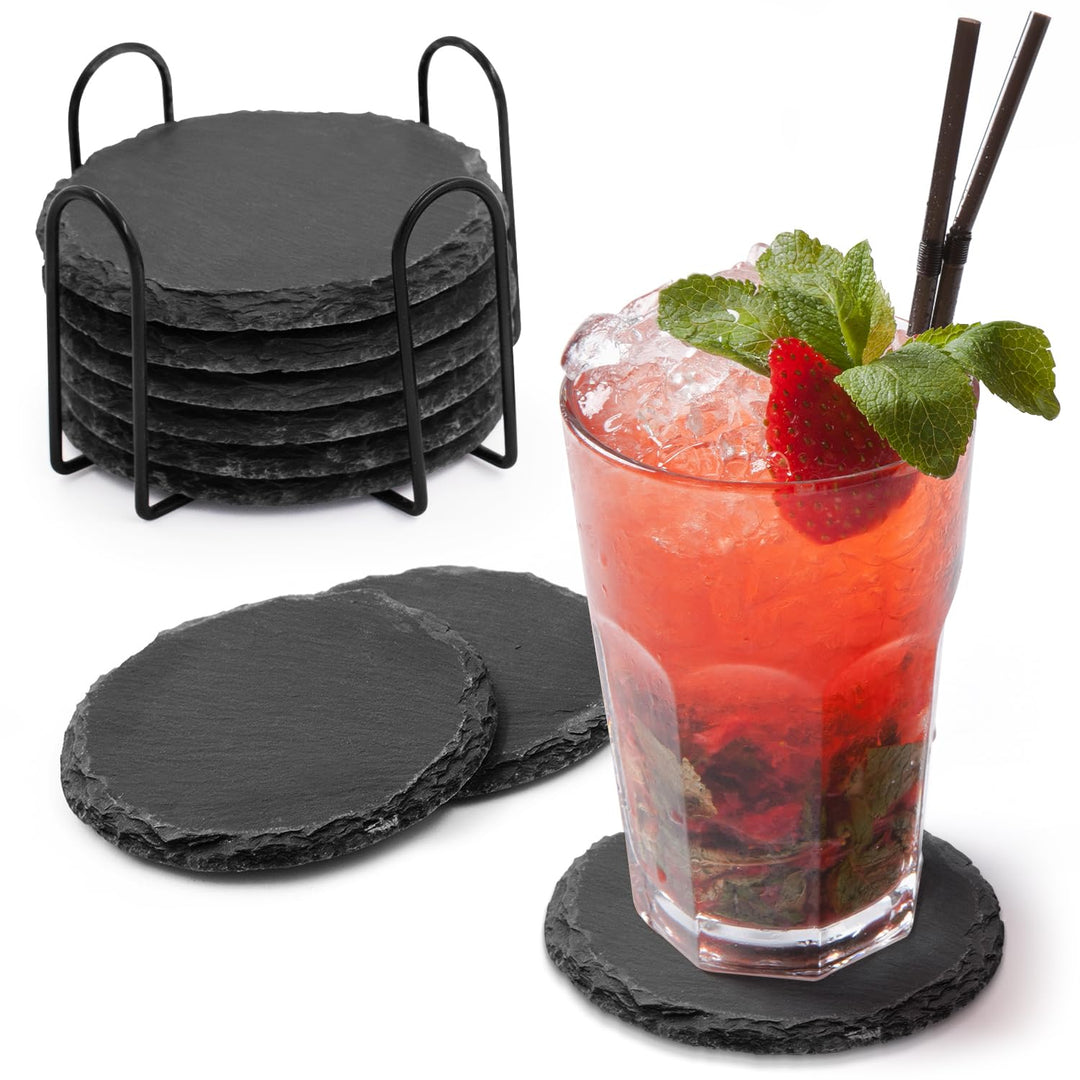 Joejis Schiefer-Untersetzer Set von 8 - Premium Schwarze Getränkeuntersetzer mit stilvollem Halter,