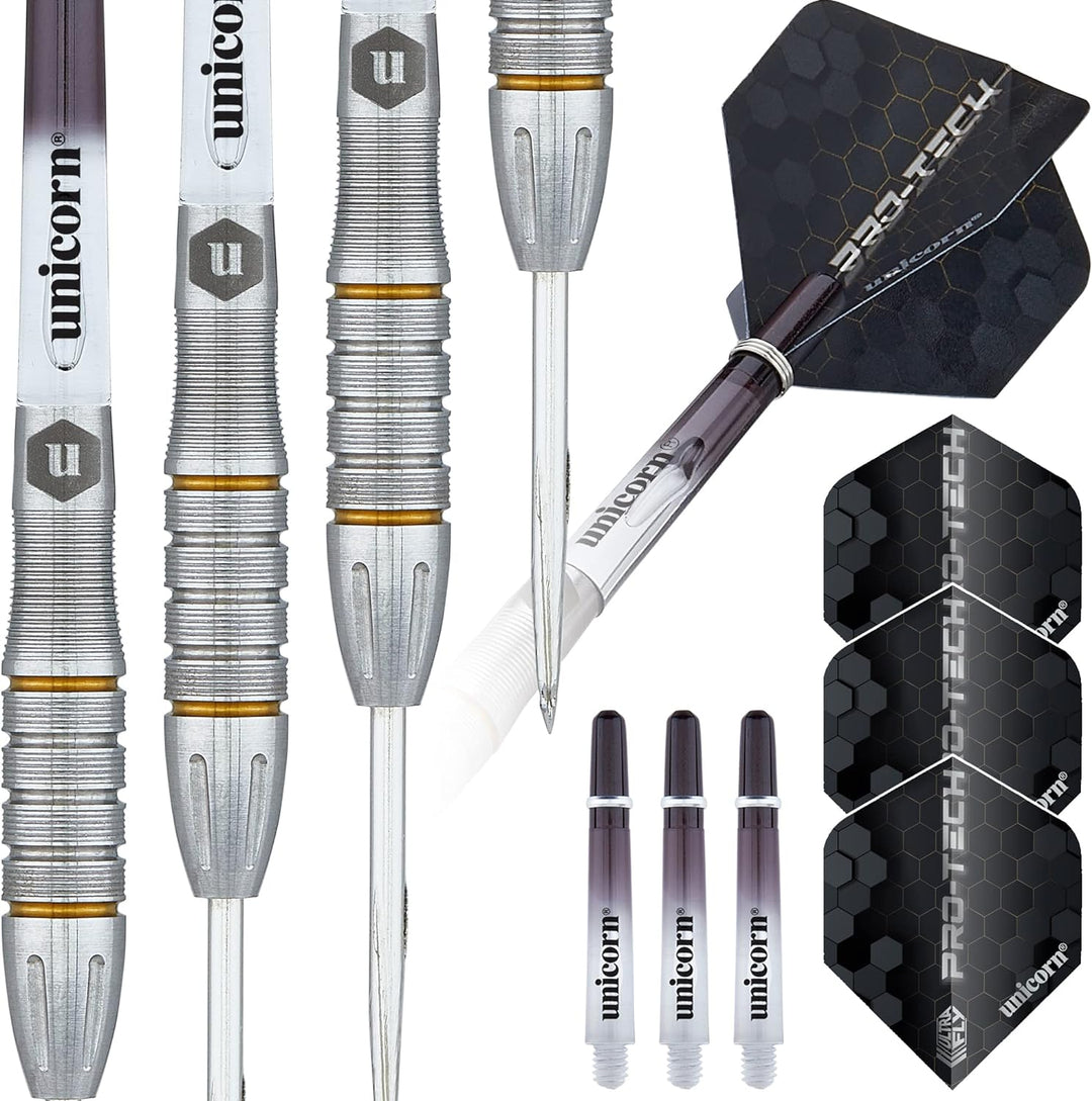 Unicorn Dartpfeile Set | Pro-Tech Style | 90% natürliche Wolfram Barrels mit goldenen Akzenten & Vol