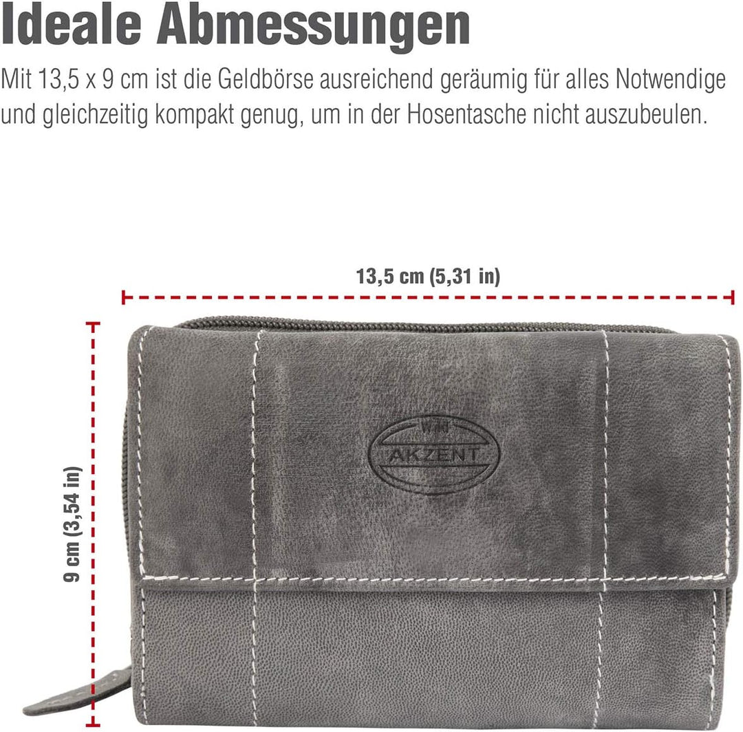 Akzent Damen Geldbörse aus Echtleder Grau Format 14 x 9 cm, Grau
