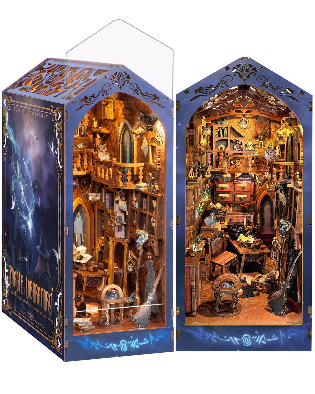 Quanquer DIY Book Nook Kit_mit Staubschutz und LED-Licht 3D hölzerne Nook Book Book Nook Bibliothek_