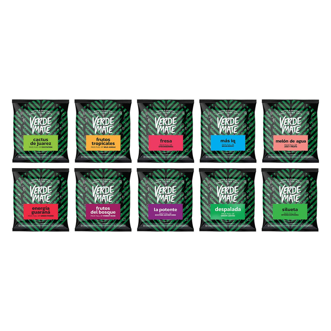 Mate Tee Verde Mate Set 10x50g Probierset - Yerba Mate aus Brasilien - Luftgetrocknet, Staubarm, 5mm