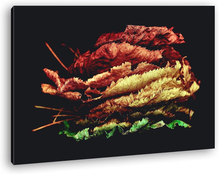 deyoli ein Stapel bunter Herbstblätter Format: 100x70 als Leinwand, Motiv fertig gerahmt auf Echthol