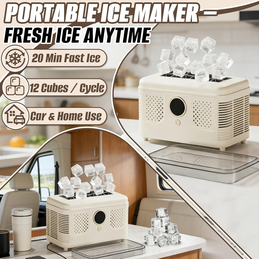 Tragbare Eiswürfelmaschine, 12 Eiswürfel pro Zyklus, Schnelleisbereiter in 15–20 Min, Hohl- & Vollei