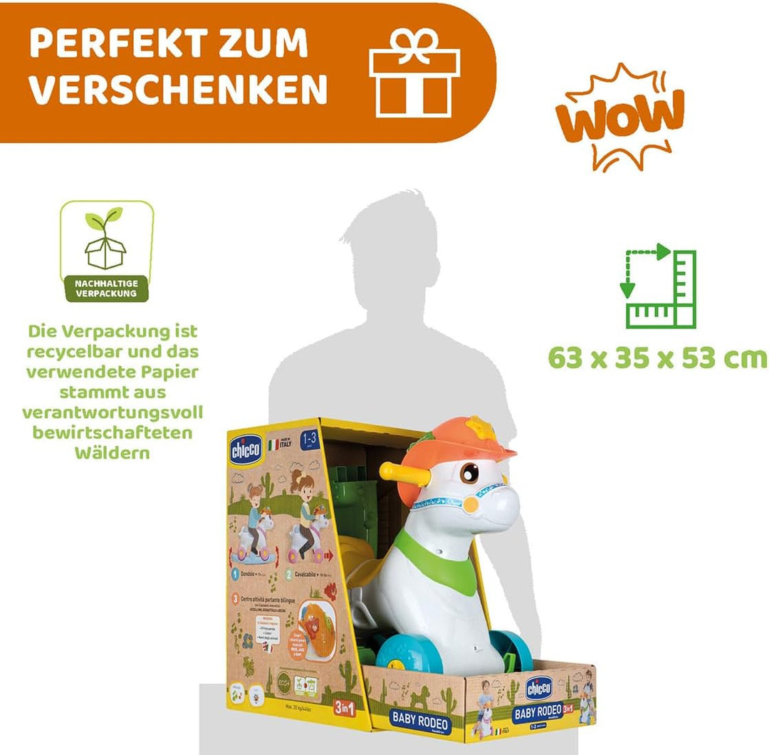 Chicco Baby Rodeo, Reitspiel, Schaukel, Kinder, 3 interaktive Tasten, hergestellt in Italien, recyce