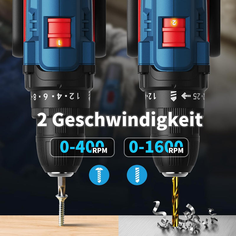 Akkuschrauber, 20V Set mit 2 Akkus und 87 Zubehöre Werkzeugkoffer, Akkubohrer 42Nm Max Drehmoment, 2