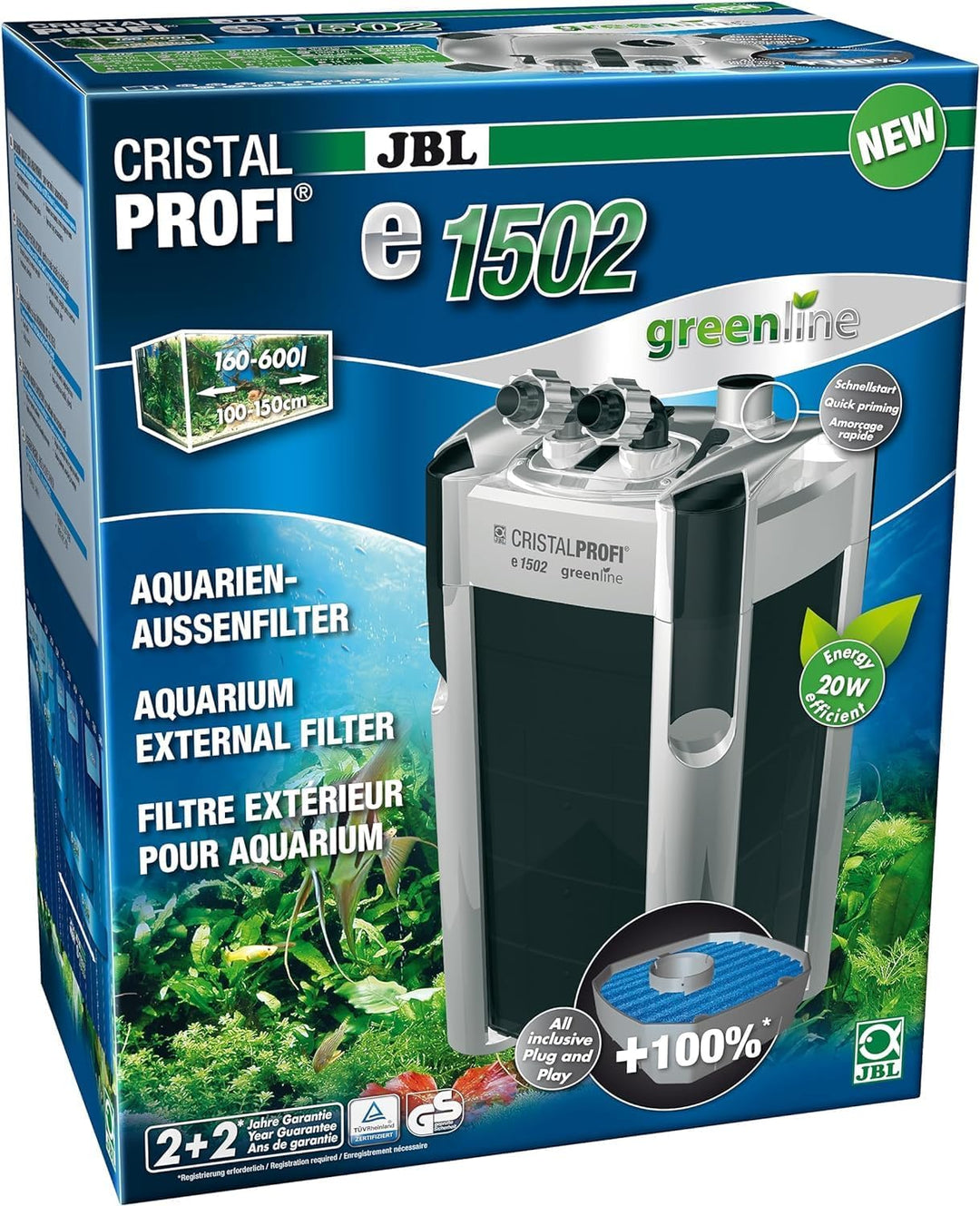 JBL CristalProfi e1502 greenline Aussenfilter & 6109300 Doppelhahn + Schnellkupplung 16/22 160-600 L