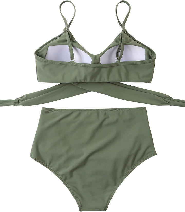 RXRXCOCO Damen Wickel Push Up Bikini Oberteil mit Bauchweg High Waist Bikini Set Bademode M Armeegrü