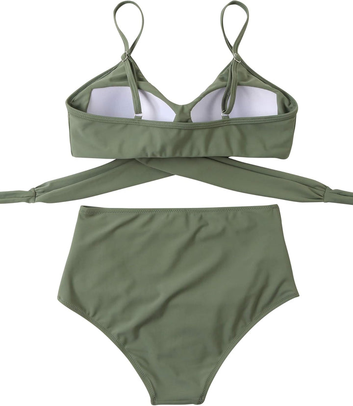 RXRXCOCO Damen Wickel Push Up Bikini Oberteil mit Bauchweg High Waist Bikini Set Bademode, Armeegrün