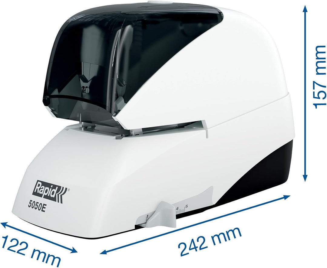 Rapid Elektro-Flachheftgerät, 50 Blatt, Kunststoff, Metall, Elektronik, Kassettenaustausch, Inkl. ei