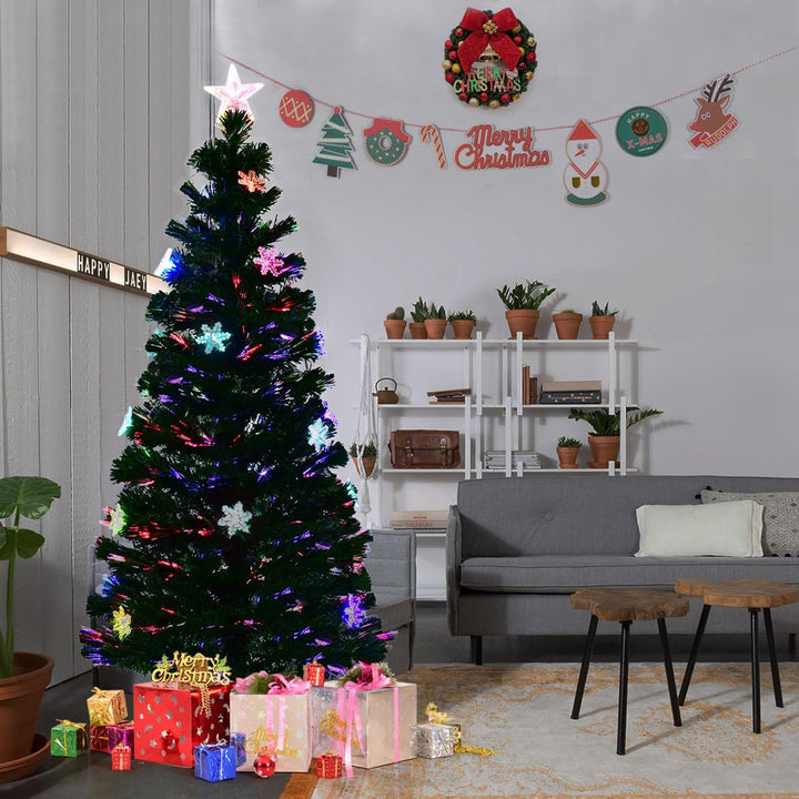 COSTWAY 150 cm LED Künstlicher Weihnachtsbaum mit Glasfaser-Farbwechsler und Sternspitze, Tannenbaum