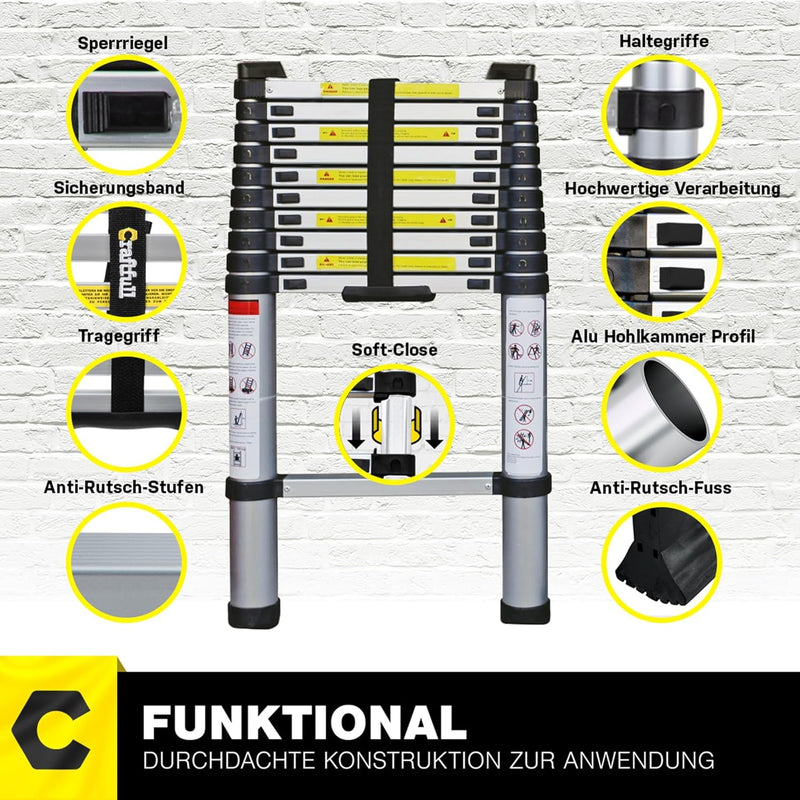 𝐂𝐑𝐀𝐅𝐓𝐅𝐔𝐋𝐋 Aluminium Teleskopleiter CF-101B | 𝟑 𝐉𝐀𝐇𝐑𝐄 𝐆𝐀𝐑𝐀𝐍𝐓𝐈𝐄 - Finger Protection - Ausziehleiter -